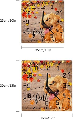 Miniatura 7 de Hello Fall Wooden Wall Clock Silent Non Ticking, Thanksgiving Dog Scarf Maple Leaf Wood Grain Square Wall Clock Battery Operated, Decor Clock for