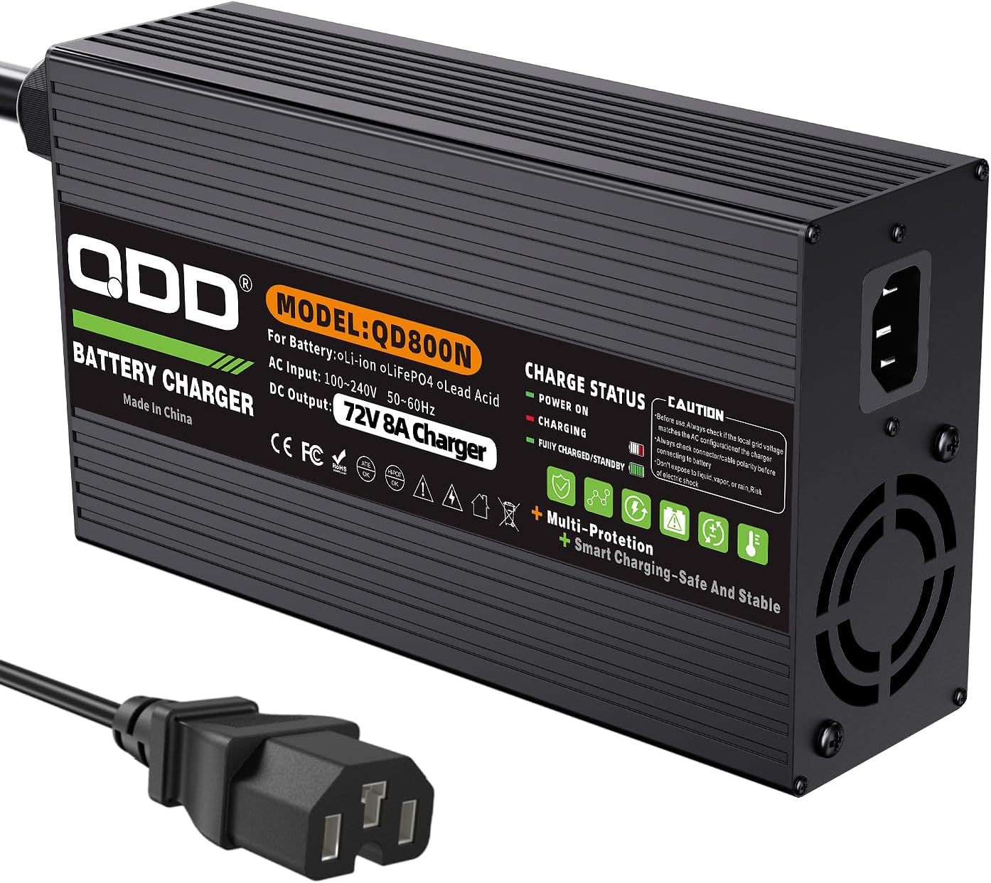 QDD 72V/82.8V 8A Lead Acid Battery Charger for 72V Lead Acid Batteries Pack with 3pin C13 N+ L- Connector