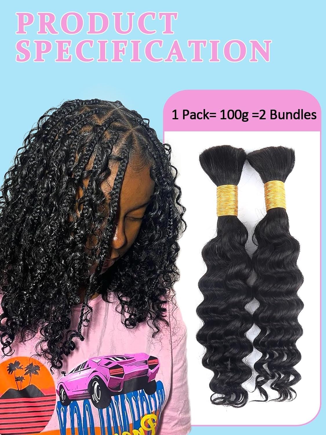 Sexycat Deep Curly Human Braiding Hair for Boho Braids 2 Bundles 22 Inch 100g,#1B Natural Black Water Wave Bulk Human Hair for Micro Braiding Wet and Wavy Human Hair Extensions - Image 2