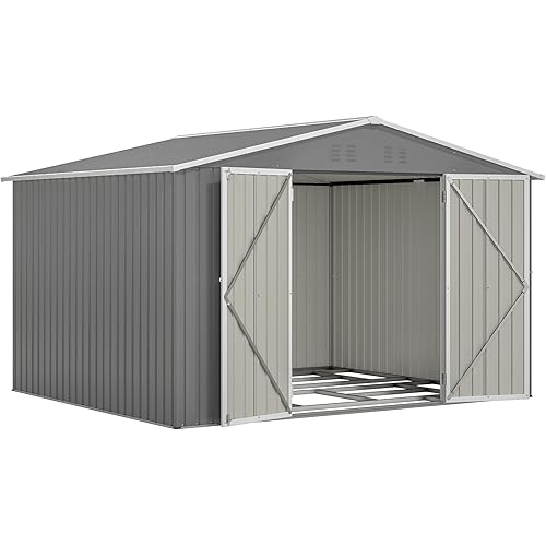 10x8FT Sheds & Outdoor Storage Shed with Floor Frame Metal Shed Included Double Air Vents & Lockable Door Foundation Steel Garden Tool Shed with Waterproof Roof Ideal for Backyard Patio Gray