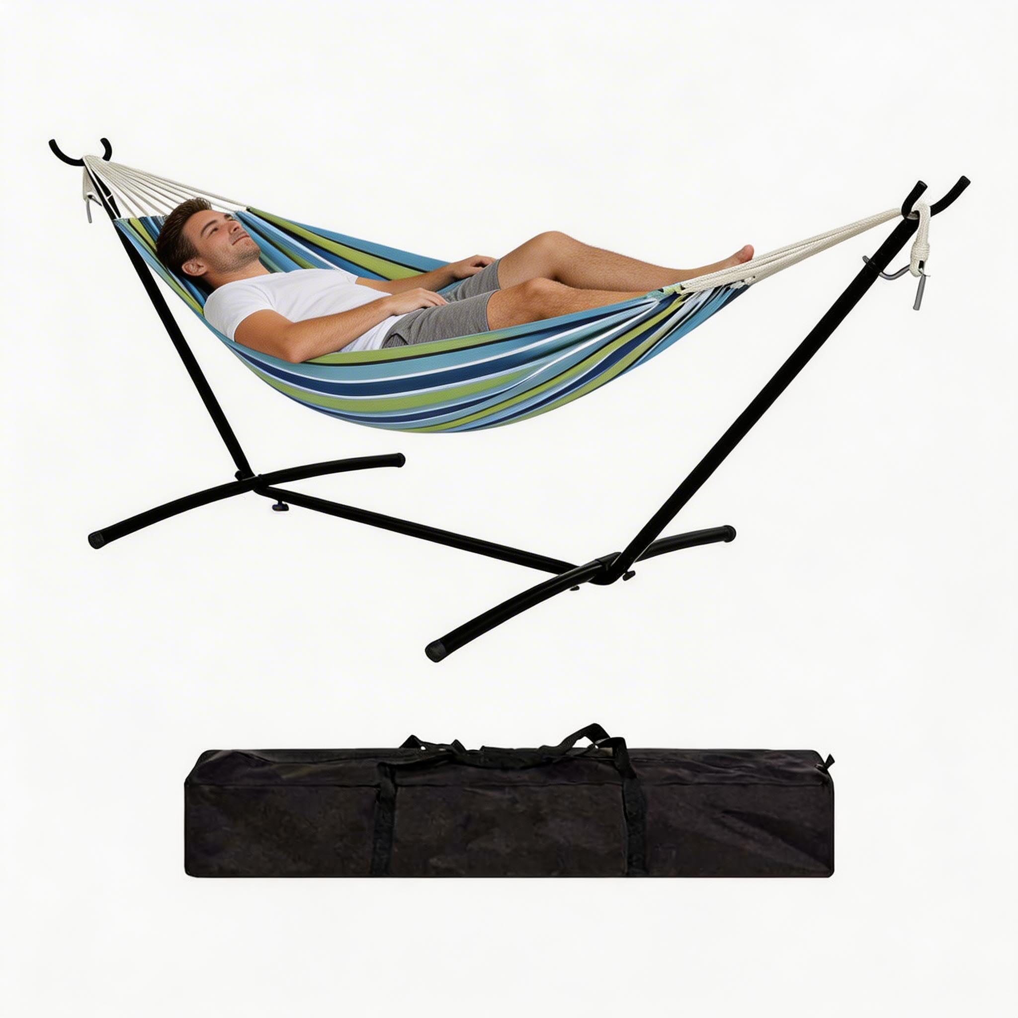 Acekool Hängematte Mit Gestell, 200 kg Belastbarkeit, XXL, Innen Und Außen Geeignet, Garten, Balkon Und Pool, Inkl. Kissen Und Tragetasche