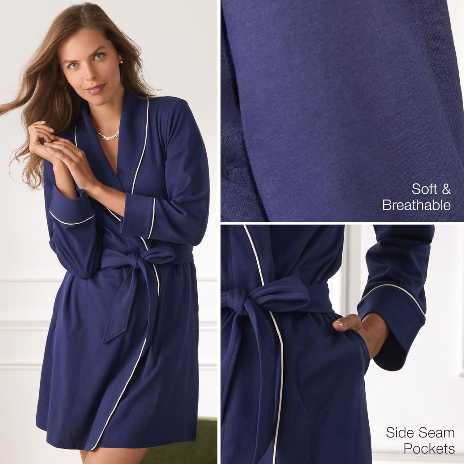 Anne Klein Womens Long Sleeve Knee Length Robe - Lightweight & Breathable Cotton Blend Bathrobe - Cozy Everyday Loungewear - Image 4