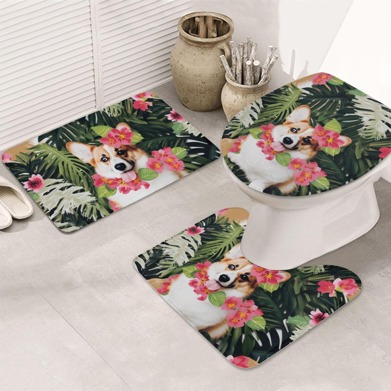 Lot de 3 tapis de salle de bain en flanelle avec tapis de bain + tapis contour + housse de siège de toilette - Motif fleurs tropicales et corgi - Antidérapant et absorbant