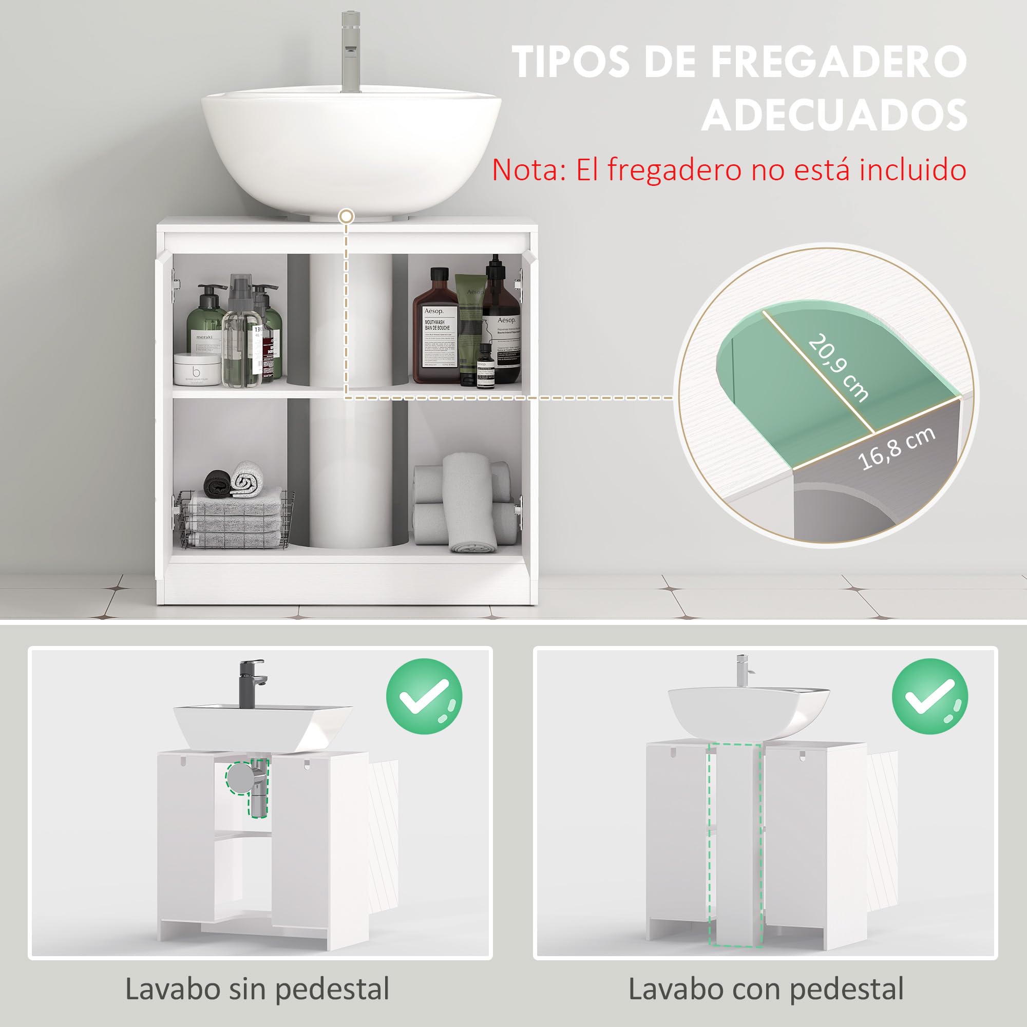 HOMCOM Mueble Bajo Lavabo, Mueble de Baño con 2 Puertas y Estante Ajustable, Armario de Baño para Lavabos con o sin Pedestal, Estilo Vintage, 60x30x59,8 cm, Blanco
