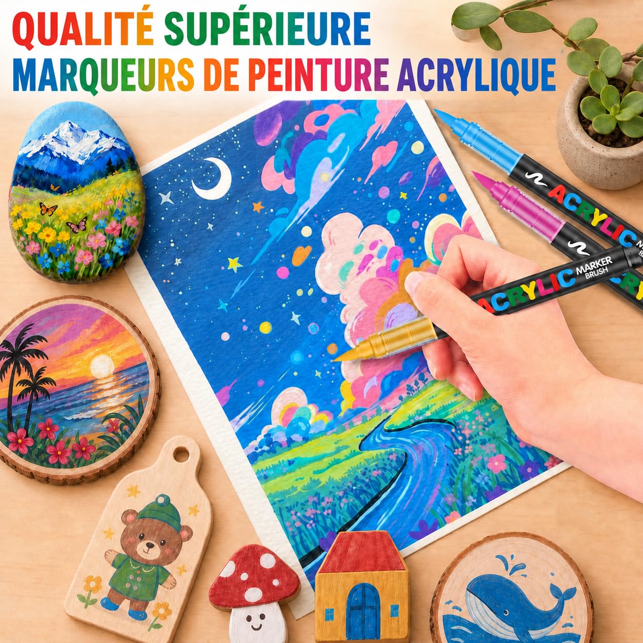 Melifluo Feutre Acrylique Lot de 168 Couleurs à Pointe Pinceau – Marqueur Peinture Acrylique Adulte, Encre à l'Eau Couvrante pour Pierre, Verre, Bois, Tissu, Toile – Coffret Cadeau Loisirs Créatifs