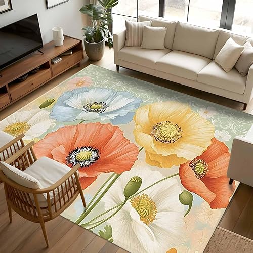 5x8 Area Rugs, Retro Spring Floral Non-Skid Rubber Backing Large Rectangle Rugs - Living Room Bedroom Home Office, Watercolor Summer Flower