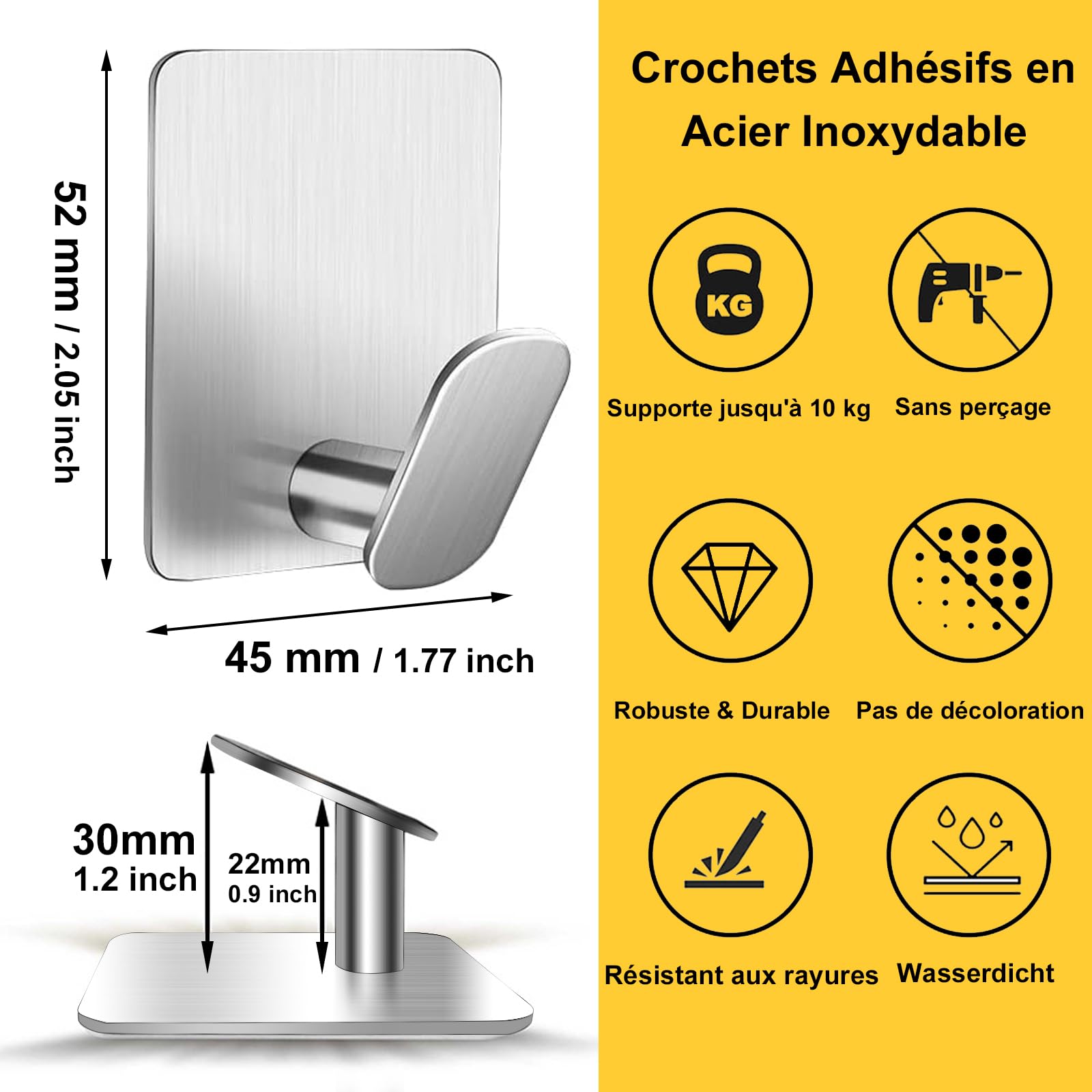 4 Crochets Adhésifs Acier Inoxydable - Colle 3M Forte - Support 10kg - Pour Cuisine, Salle De Bain Sans Perçage