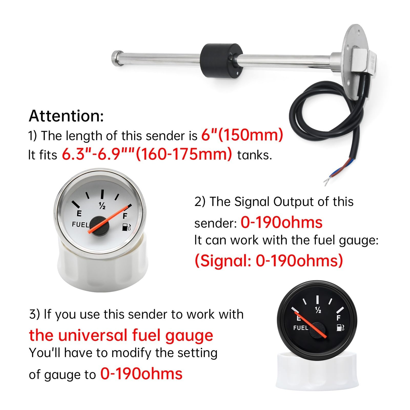 100-500mm Edelstahl Marine Wasserstandsanzeige Sensor Fit Boot Auto Wasserstandsanzeige Meter 0-190 Ohm mit roter Hintergrundbeleuchtung Stabile Überwachung(GaugeX325mm Sensor)