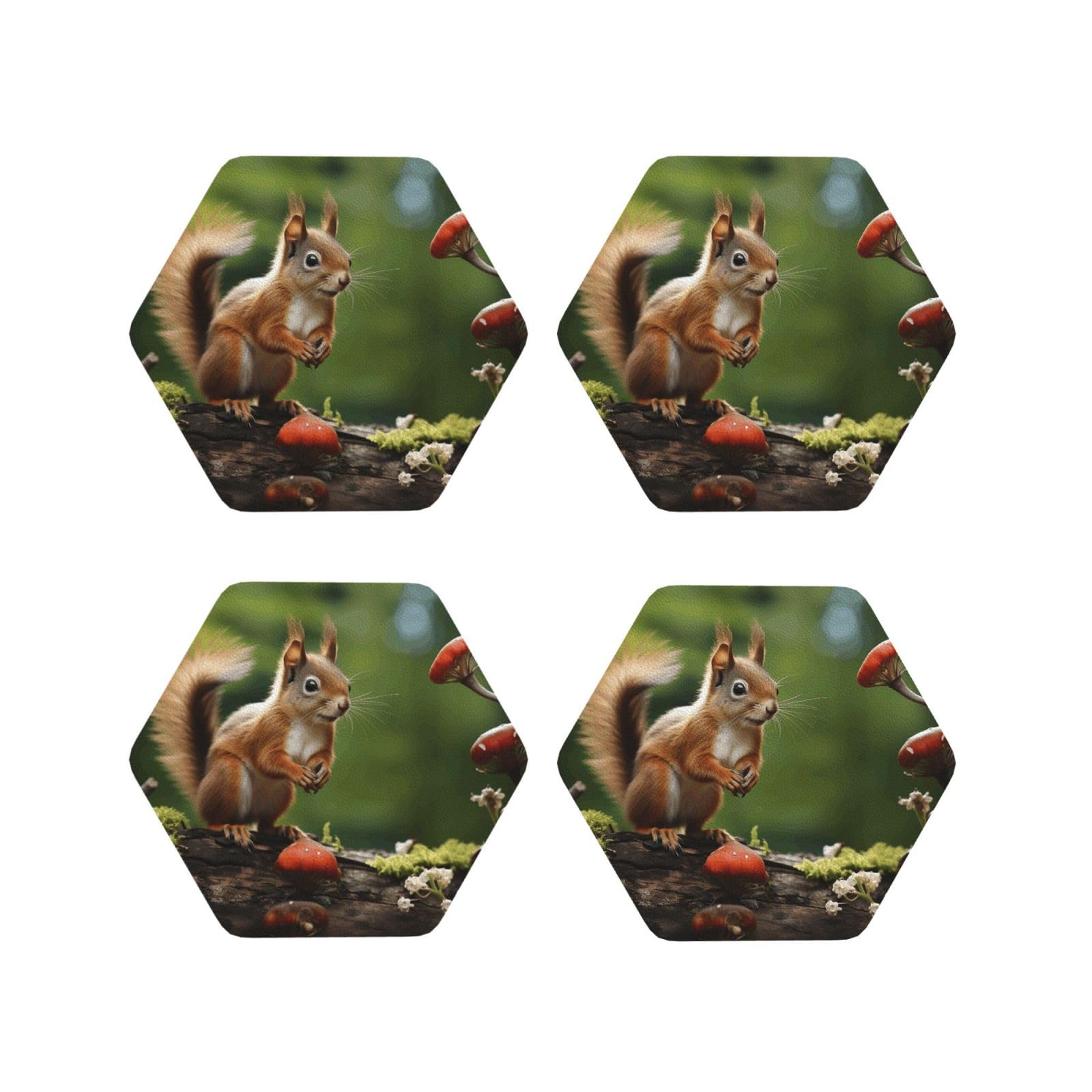 4Pcs PU Leather Coaster for Drinks, Red Squirrel on Small Green ​Hill Cup Coastersr 4" Cup Mat Pad, Aesthetic Drink Coasters for Coffee Table, Hexagon Coaster for Tabletop Protection