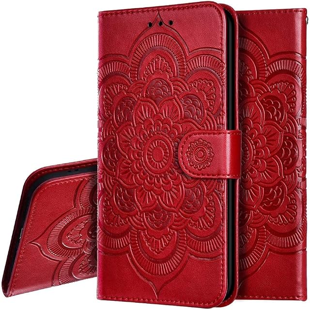 IMEIKONST Mandala Embossed Design for Samsung J6 2018 Case Premium PU Leather Phone Case Flip Notebook Wallet Card Slot Holder Magnetic Stand Cover for Samsung Galaxy J6 2018 Mandala Red LD
