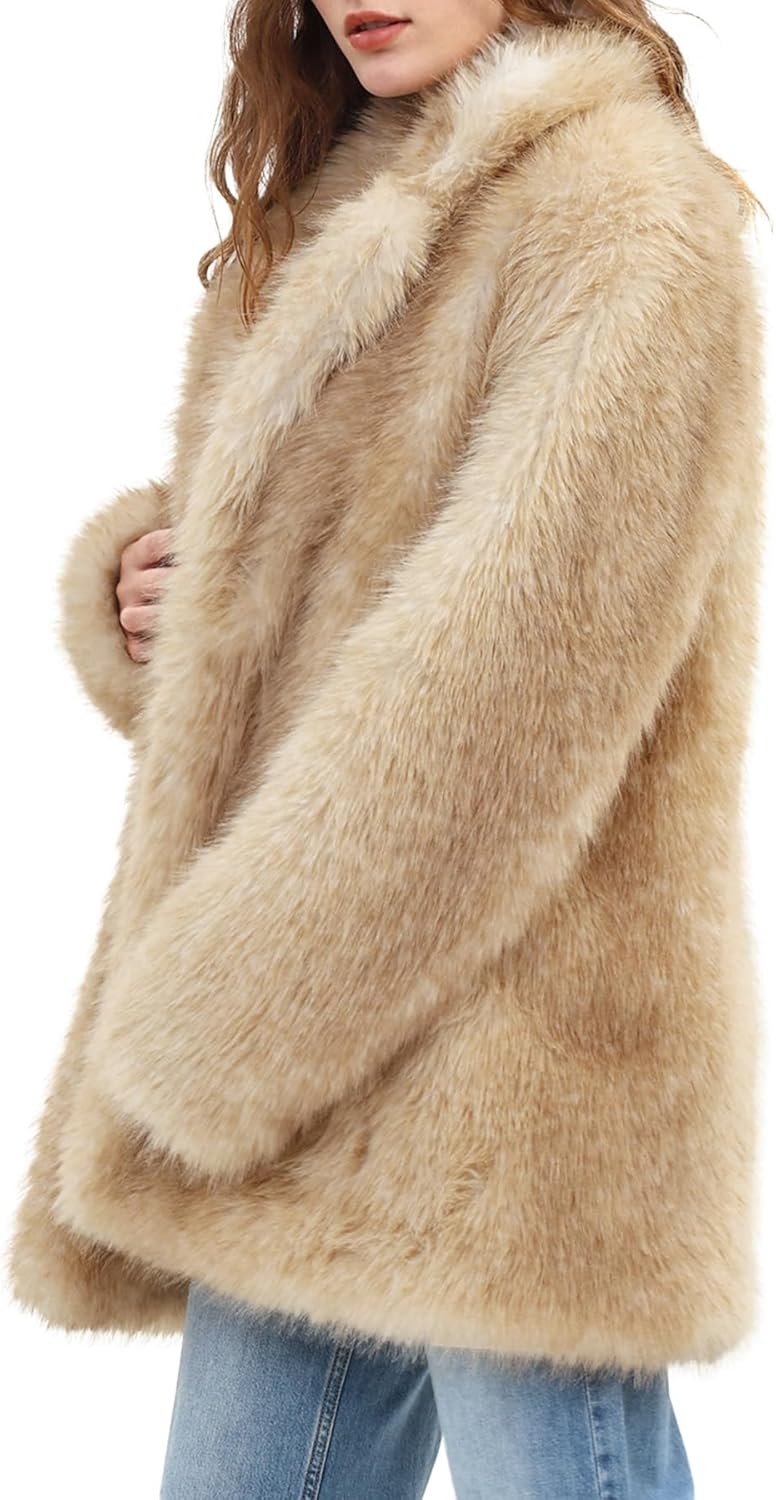 Amazhiyu Women's Faux Fur Coat Open Front Fluffy Jackets Winter Lapel Outerwear - Image 2