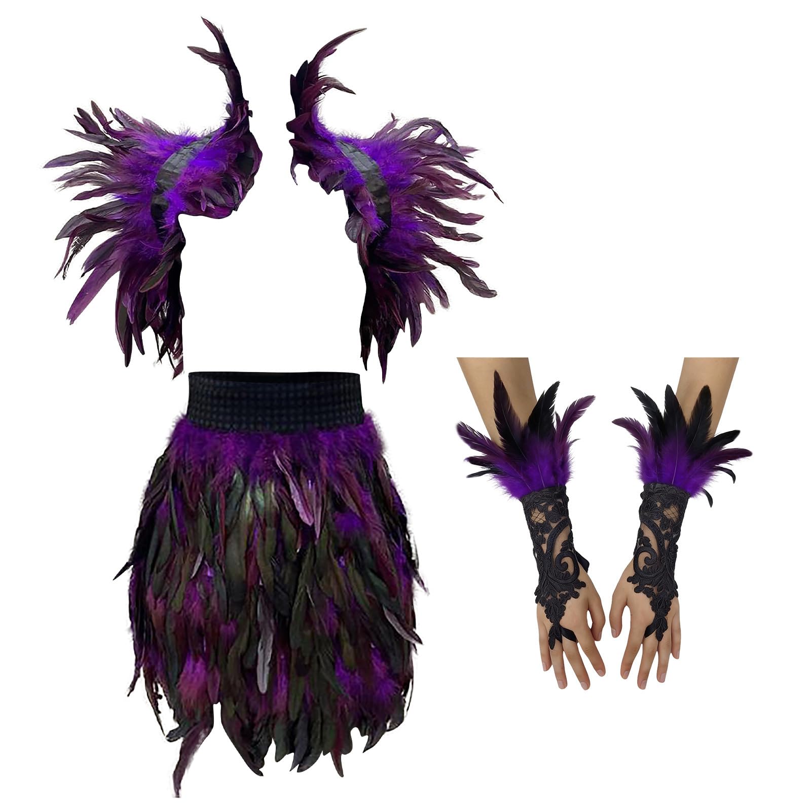 Elegantes gefiedertes Schulterüberzug-Set mit Rock und Handschuhen, modisches Kostümzubehör für Cosplay und Thementreffen, verkleiden sich mit Kragen