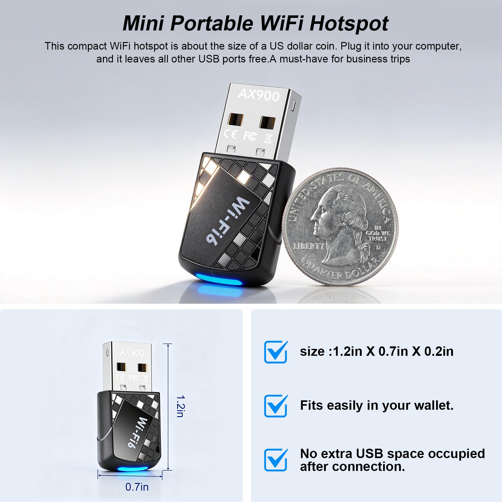 AX900Mbps - Adaptador USB WiFi 6 para PC, adaptador Bluetooth 5.4 WiFi 2 en 1. Adaptador transceptor de red inalámbrico de doble banda 2.4G/5G para laptop, escritorio, WPA3, compatible con Windows