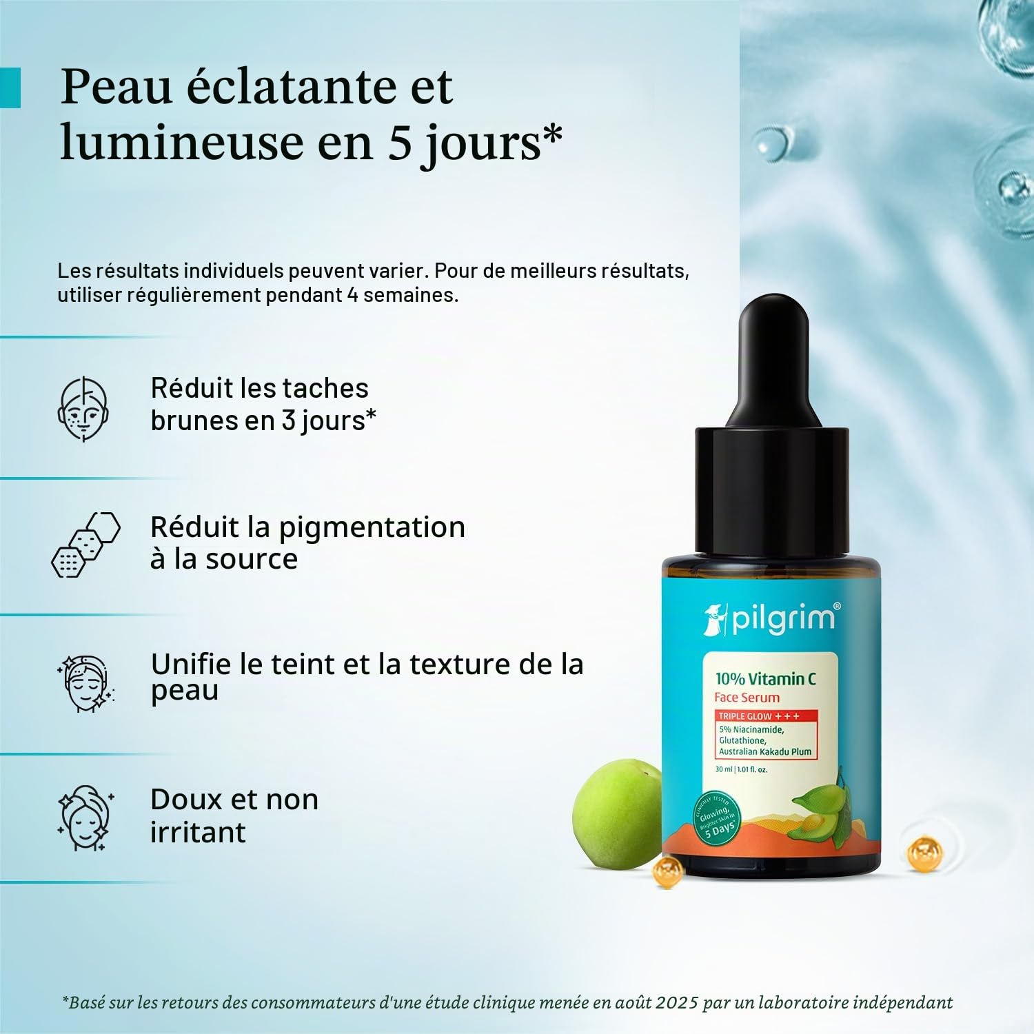 Pilgrim Sérum à 10 % de vitamine C 30 ml pour une peau éclatante | Avec 5 % de niacinamide, acide hyaluronique et glycolique | estompe les taches brunes, la pigmentation | Pour tous, peaux grasses