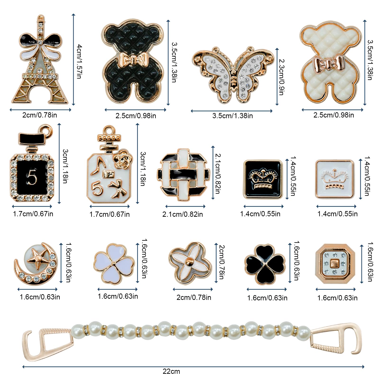Juego de 16 abalorios para zapatos, color dorado, esmaltado con purpurina, para fabricación de joyas, alfileres extraíbles para zapatos