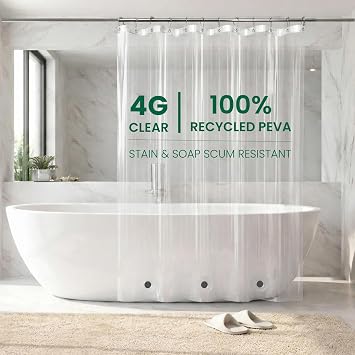Bowery Home NOT Made in China Eco-Friendly Recycled PEVA Shower Curtain Liner Waterproof, Sustainable, Non-Toxic Shower Curtain Liner, with Rust-Proof Grommets, 72x72IN, 4G Clear