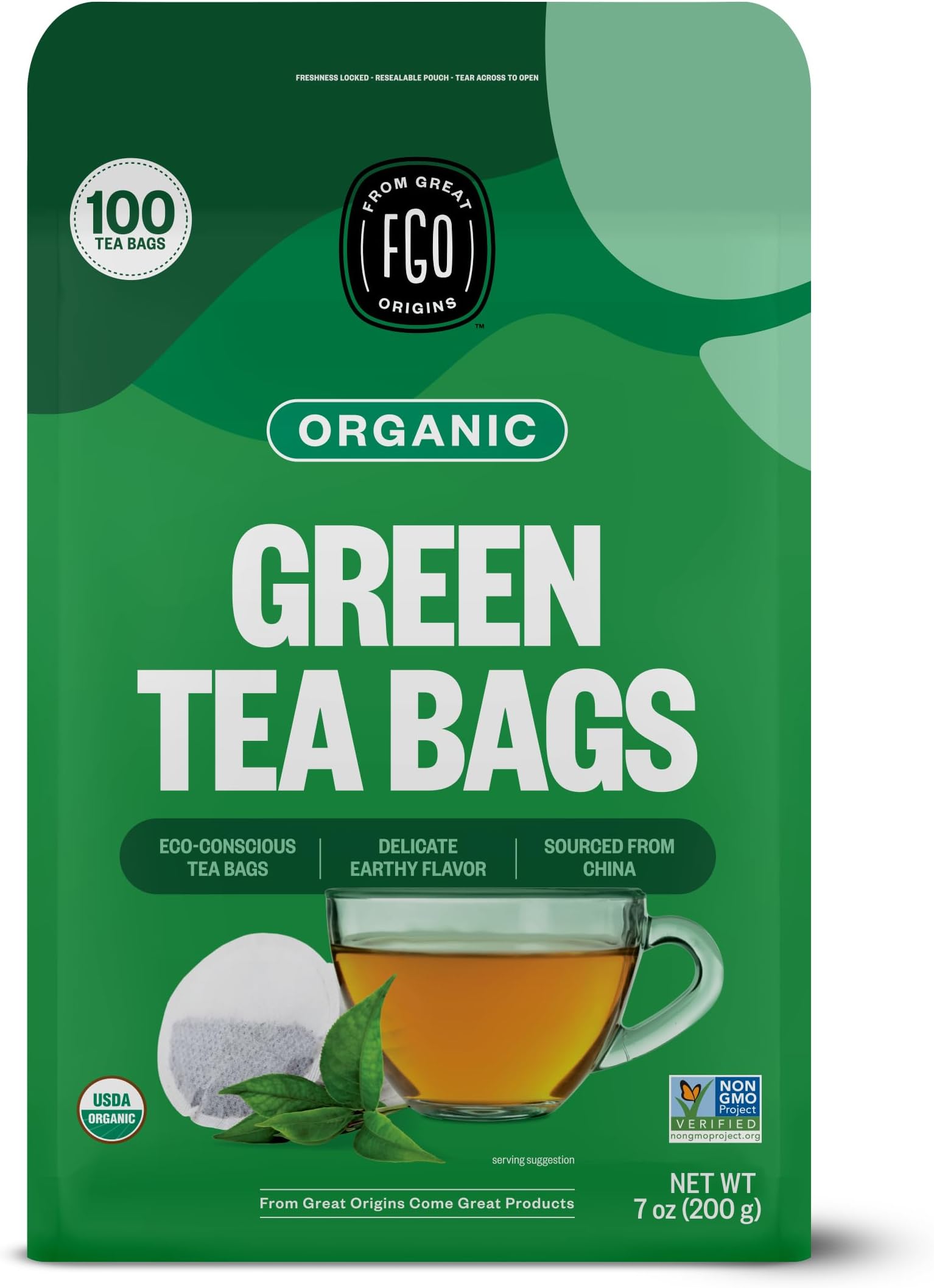 Organic Green Tea, 100 Count Eco-Conscious Tea Bags, Caffeinated, Resealable Pouch, Packaging May Vary (Pack of 1)