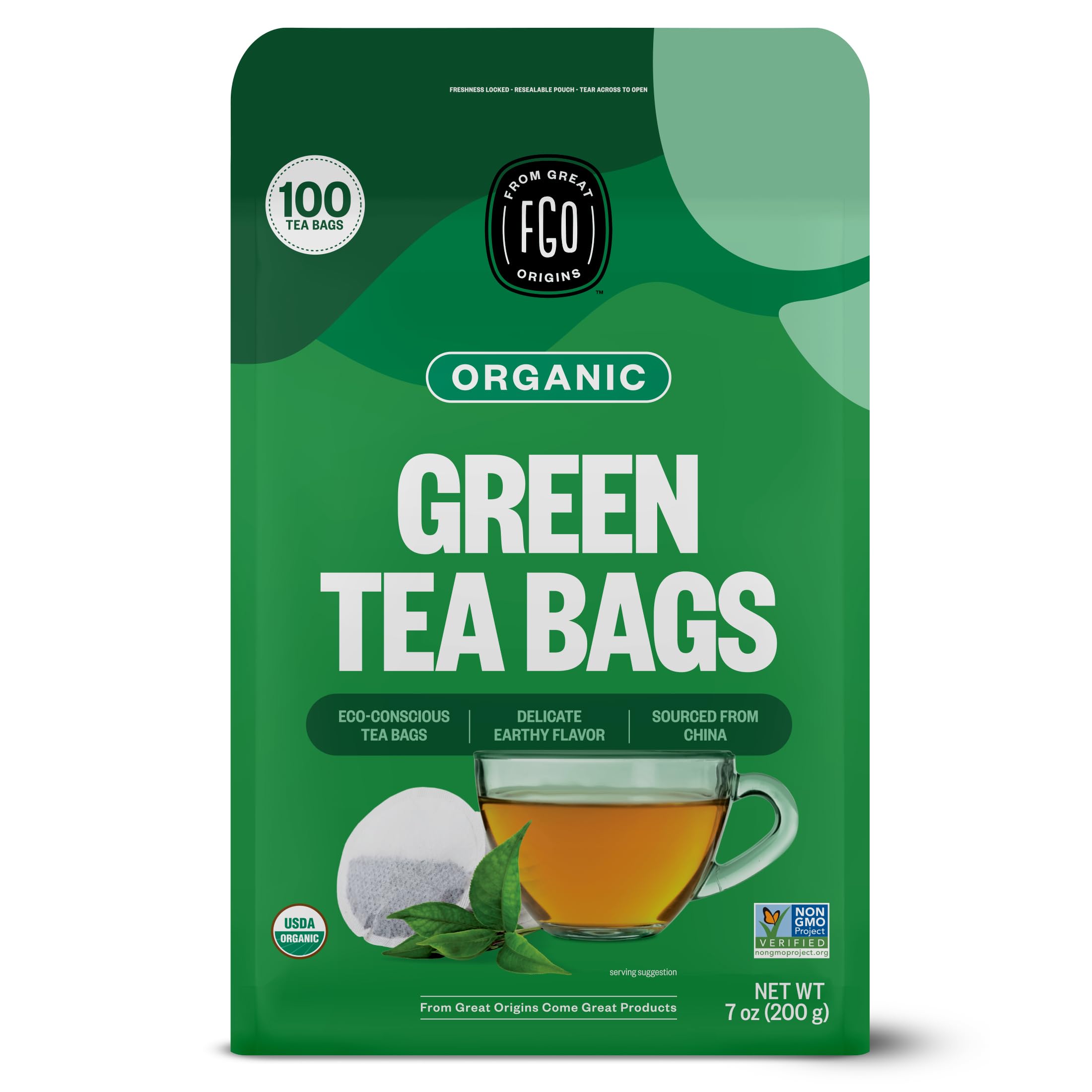 FGO Organic Green Tea, 100 Count Eco-Conscious Tea Bags, Caffeinated, Resealable Pouch, Packaging May Vary (Pack of 1)