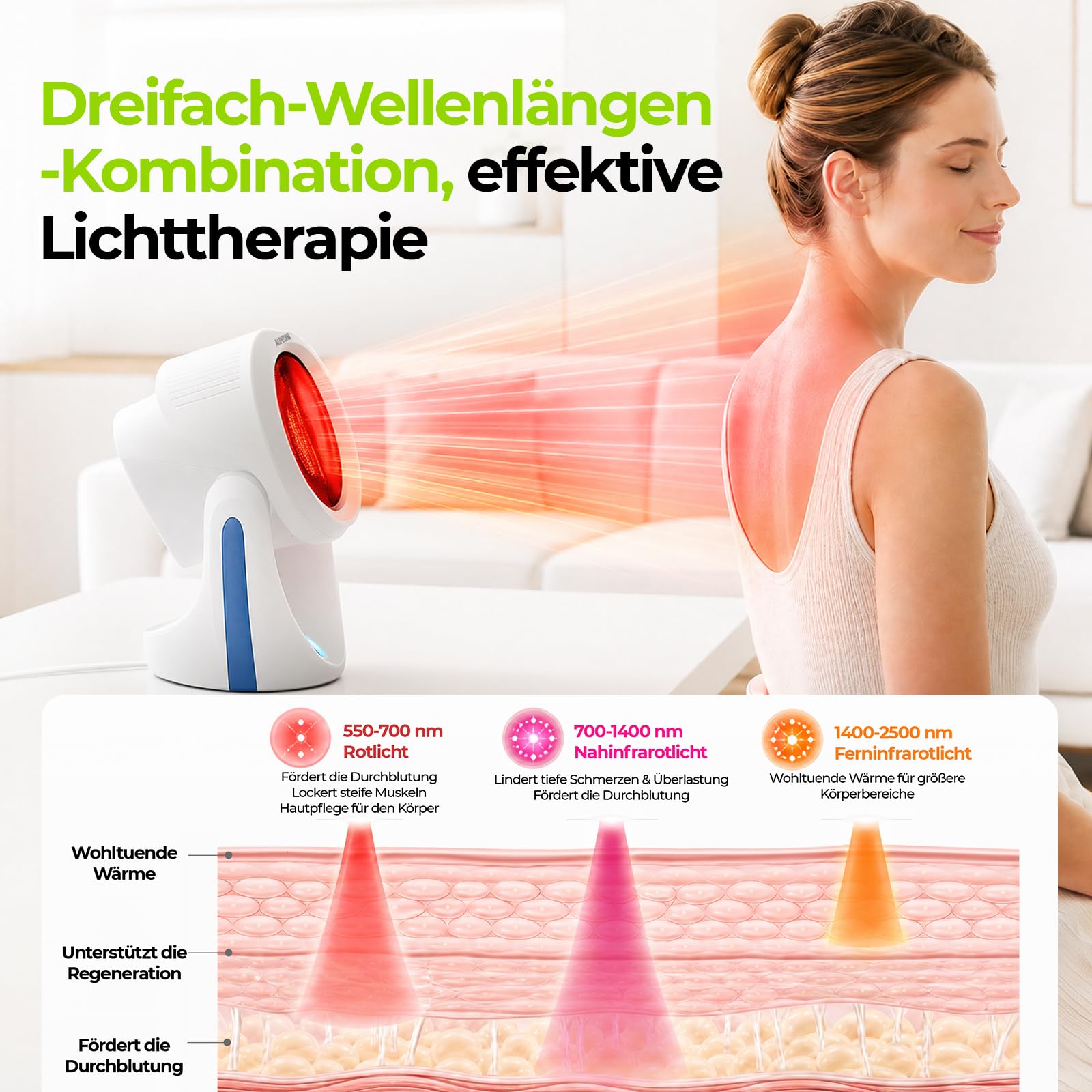 AUVON 300W Rotlichtlampe, Wärmetherapie bei Erkältung und Muskelverspannung