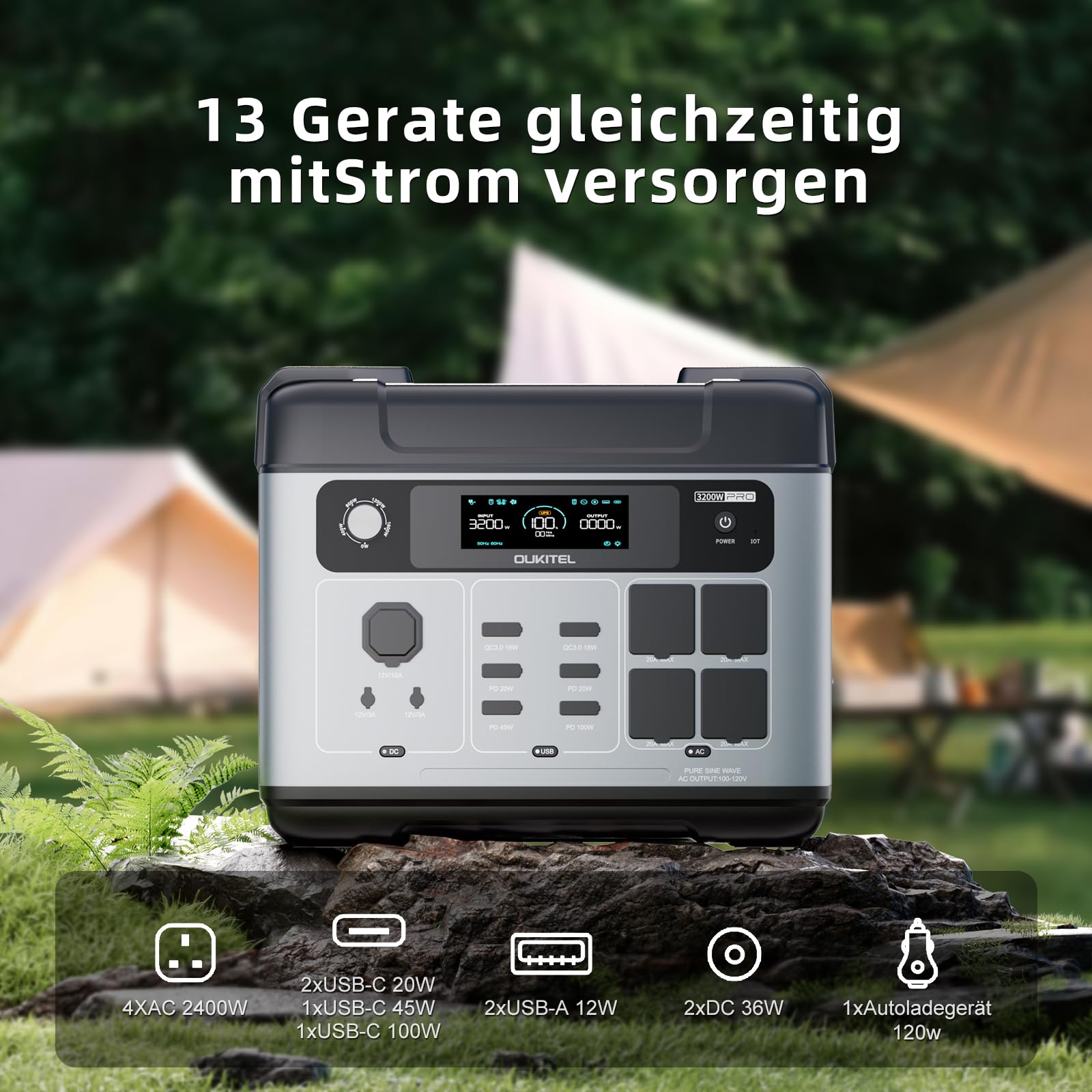 OUKITEL Solargenerator 3200W mit 200W Solarpanel, 2048Wh Tragbare Powerstation (6400W Peak), LiFePO4 Batterie, 220V-240V, 1 Std Schnellladung, für OutdoorCamping, Reise, Stromausfälle - 5