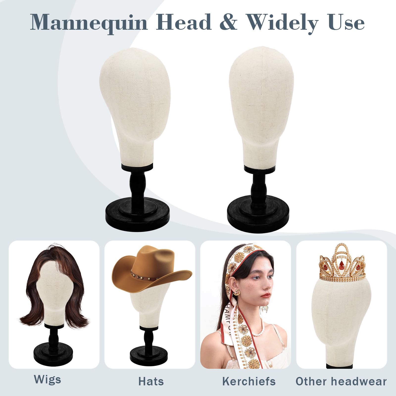 Support pour perruque, tête de mannequin de 55,9 cm avec base en bois amovible, support de tête en toile pour coiffure, bijoux, lunettes, bandeau, support de perruque pour perruques, chapeaux
