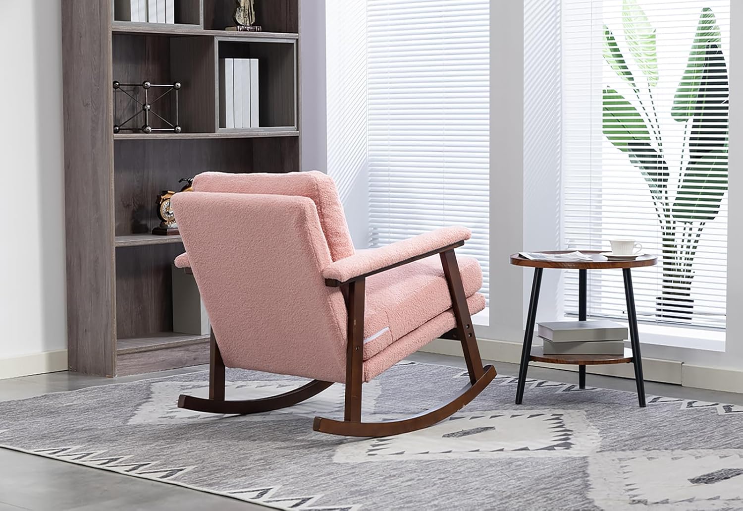 Mid Century Modern Accent Chair,Rocking Chair with Wood Frame, Reading Armchair,for Bedroom,Sunroom,Balcony,Small Spaces (Light Pink)