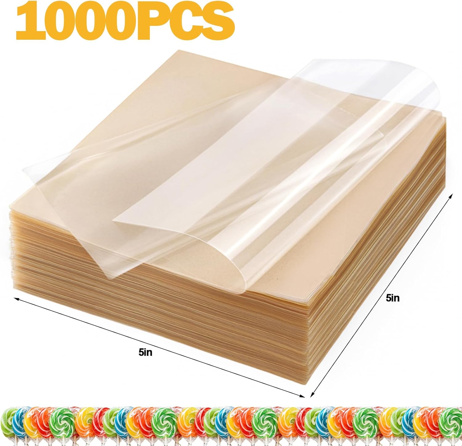 Juome 1000 Sheets Candy Wrappers Clear Cellophane Wrap Roll 5x5 Inches Candy Caramel and Chocolate Wrapper for Treats, Lollipop, Gummies, Saran Wrap& Cake Pop Making Supplies, etc