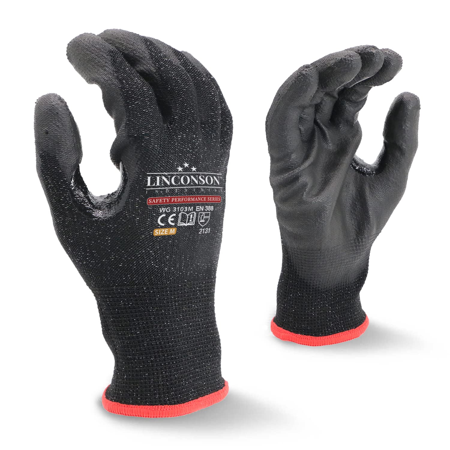 linconson 3 Pack Level 5 Cut Resistant Safety Performance Series Construction Mechanic PU Work Gloves Thumb Double Reinforced
