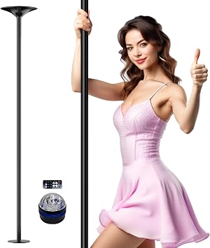PYY Dance Pole for Home - Adjustable & Portable Dance Pole for Gym Studio Pub, Chrome Finish, Spinning & Static Modes, No Drilling Required, Remote LED Lights, Black