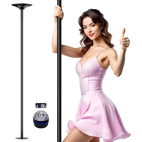 PYY Dance Pole for Home - Adjustable & Portable Dance Pole for Gym Studio Pub, Chrome Finish, Spinning & Static Modes, No Drilling Required, Remote LED Lights, Black