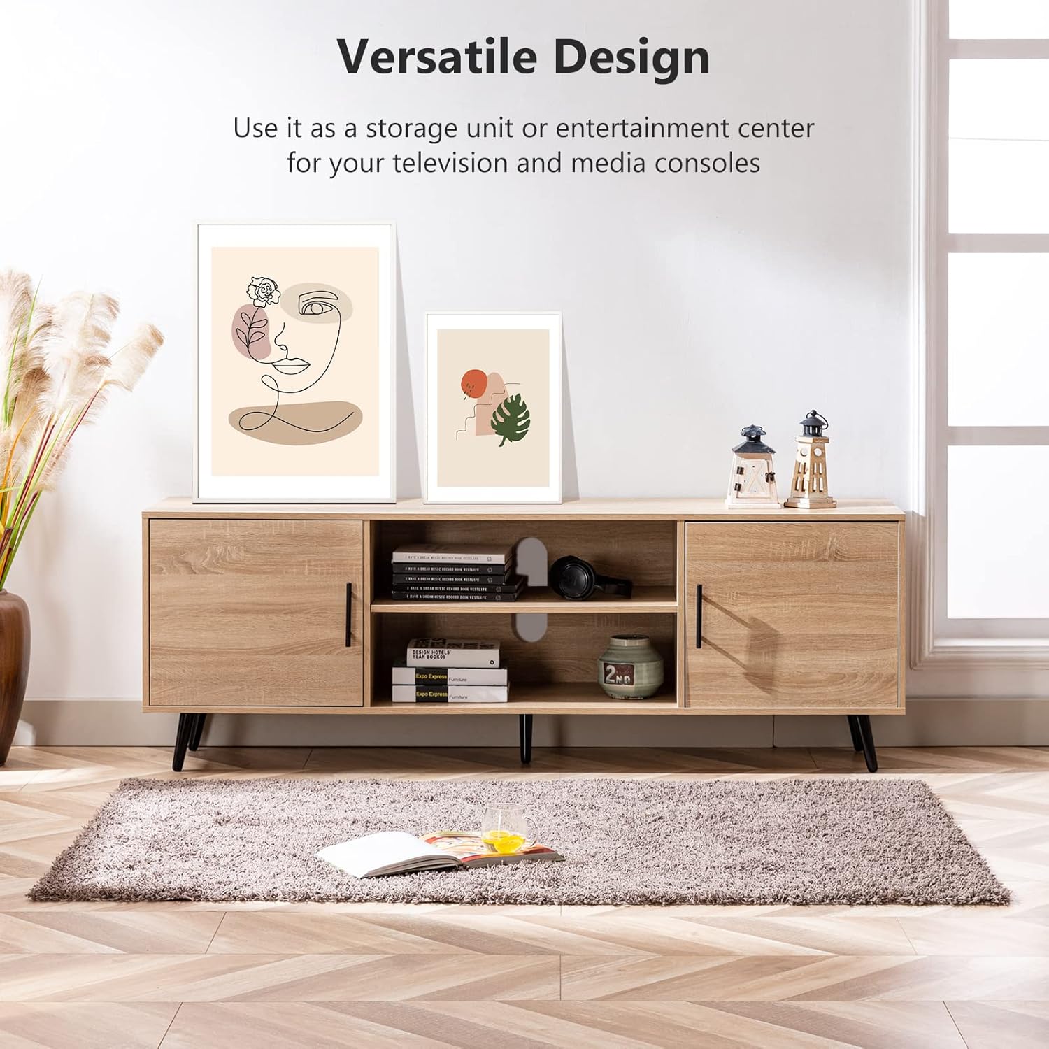 AUXSOUL 70 Inch Mid Century Modern TV Stand for 75 Inch TV, Wood TV Stand with Storage, Entertainment Center for Living Room Bedroom, TV Media Console, Oak : Home & Kitchen