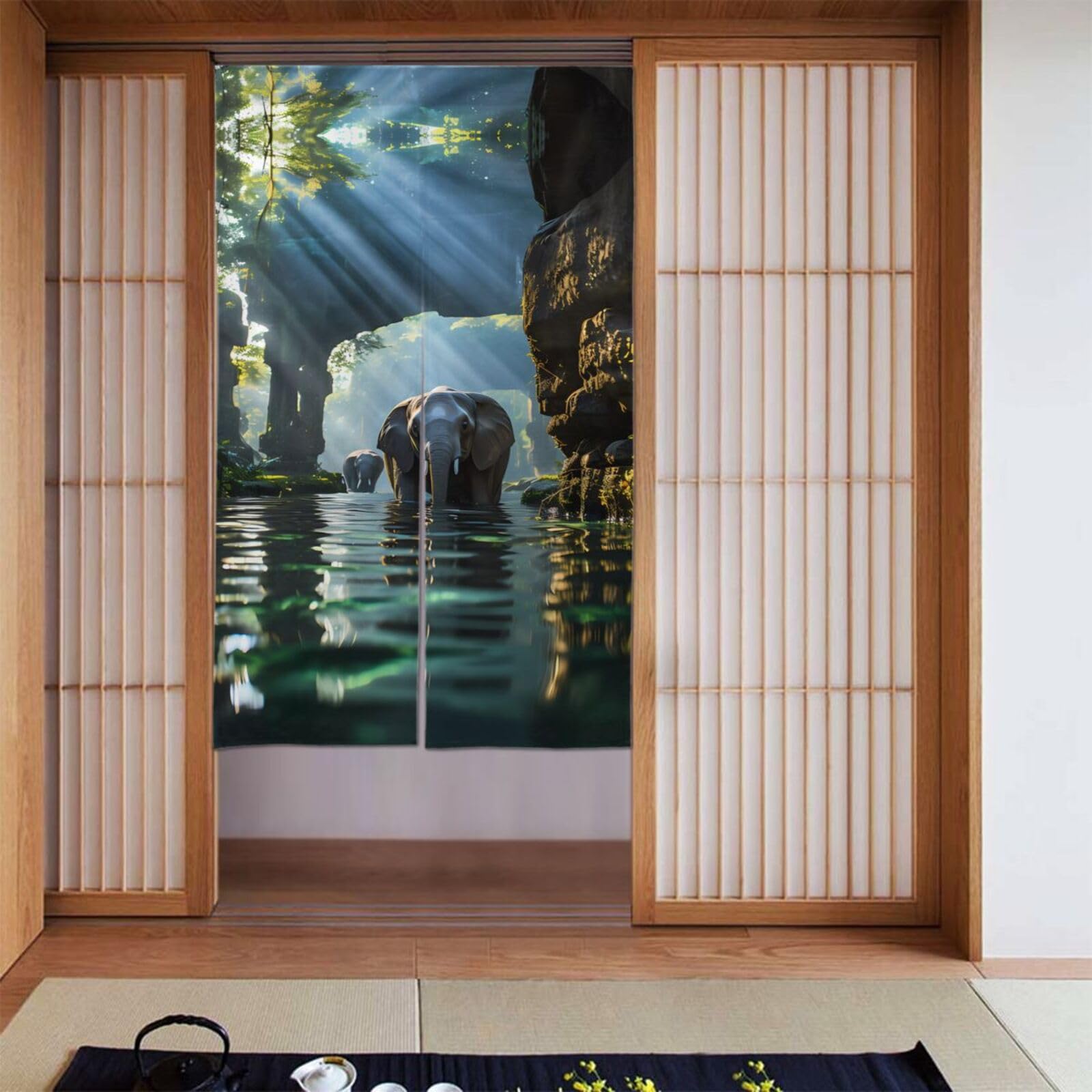 Rideaux occultants pour porte et chambre 142x86 cm avec motif éléphant asiatique