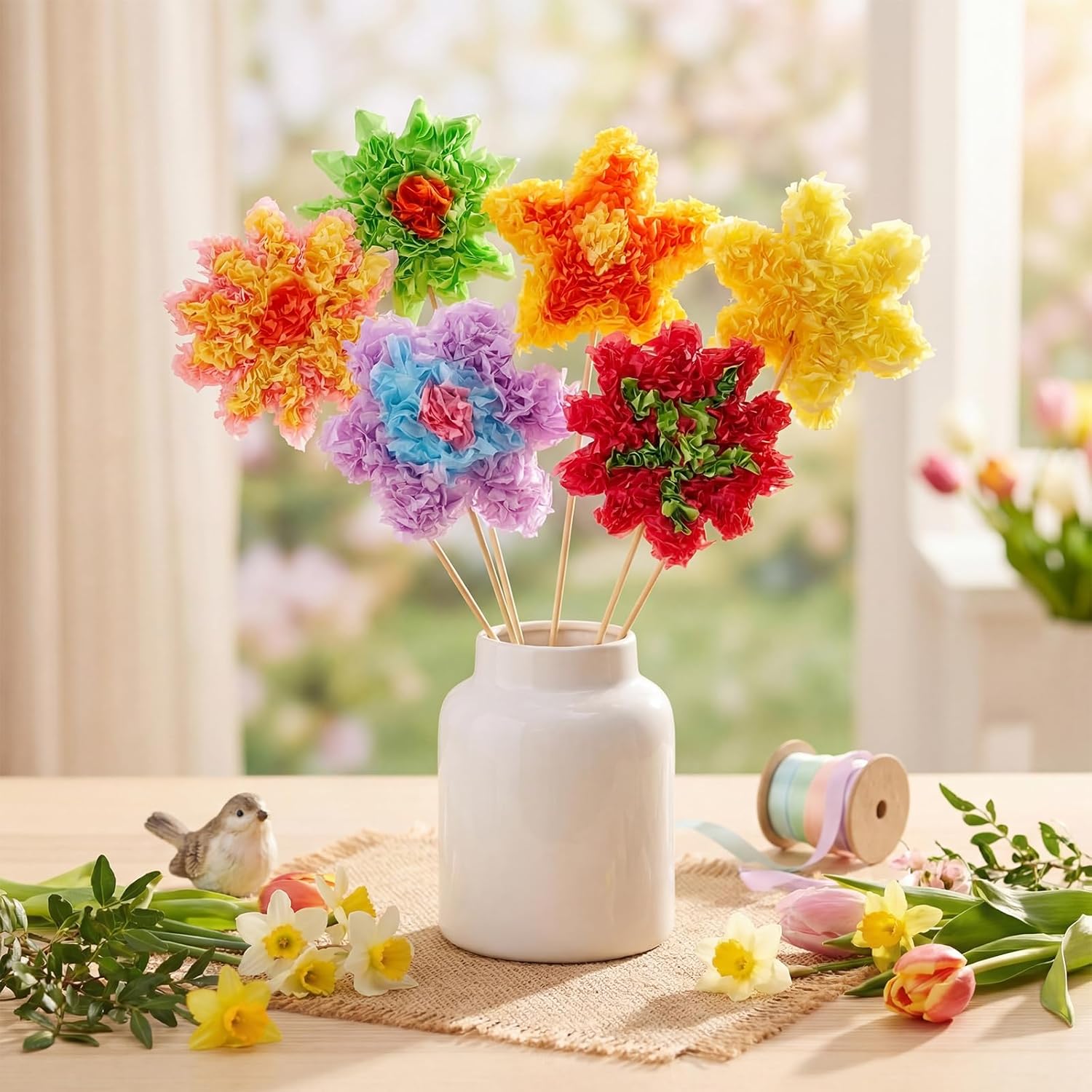 Glenmal 9097 Pcs/24 Set Poke Art Flower Bouquet Craft Kit with 9000 Tissue Paper Squares 48 Flower Paper Cut for Adults Birthday Holiday Gifts Party Activities DIY Craft Supplies