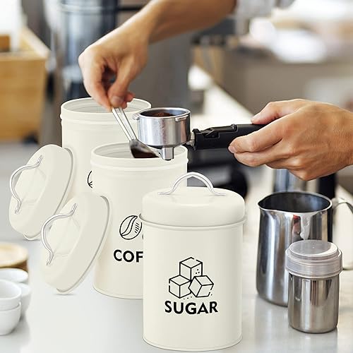 Miniatura 5 de E-far Juego de botes de té y azúcar para café, juego de 3 recipientes de metal con tapa hermética para almacenamiento de alimentos, estilo rústico y