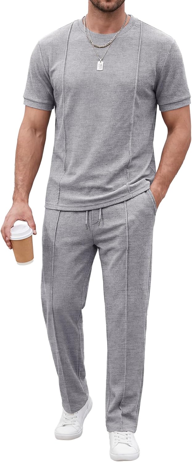 JMIERR Mens 2 Piece Sets Short Sleeve Shirts and Loose Pants Summer Textured Suits