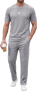 JMIERR Men's 2-Piece Textured Summer Set: Breathable Short Sleeve Shirt & Pants