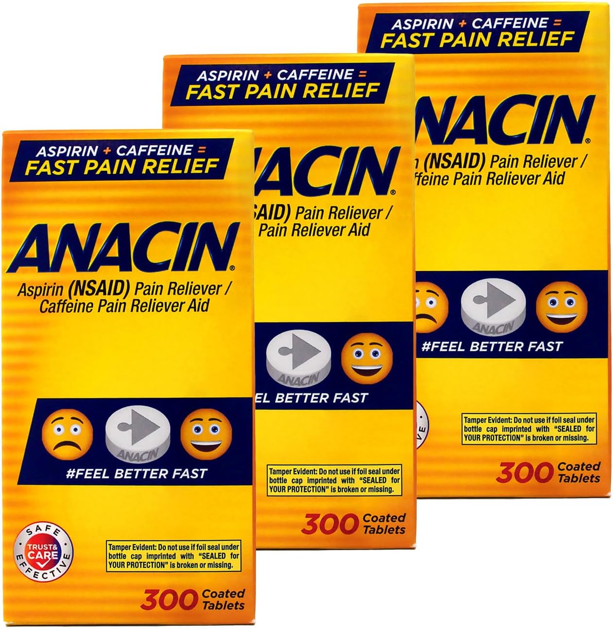 Anacin Fast Pain Relief Pain Reducer Aspirin Tablets, 300 Tablets, (Pack of 3)