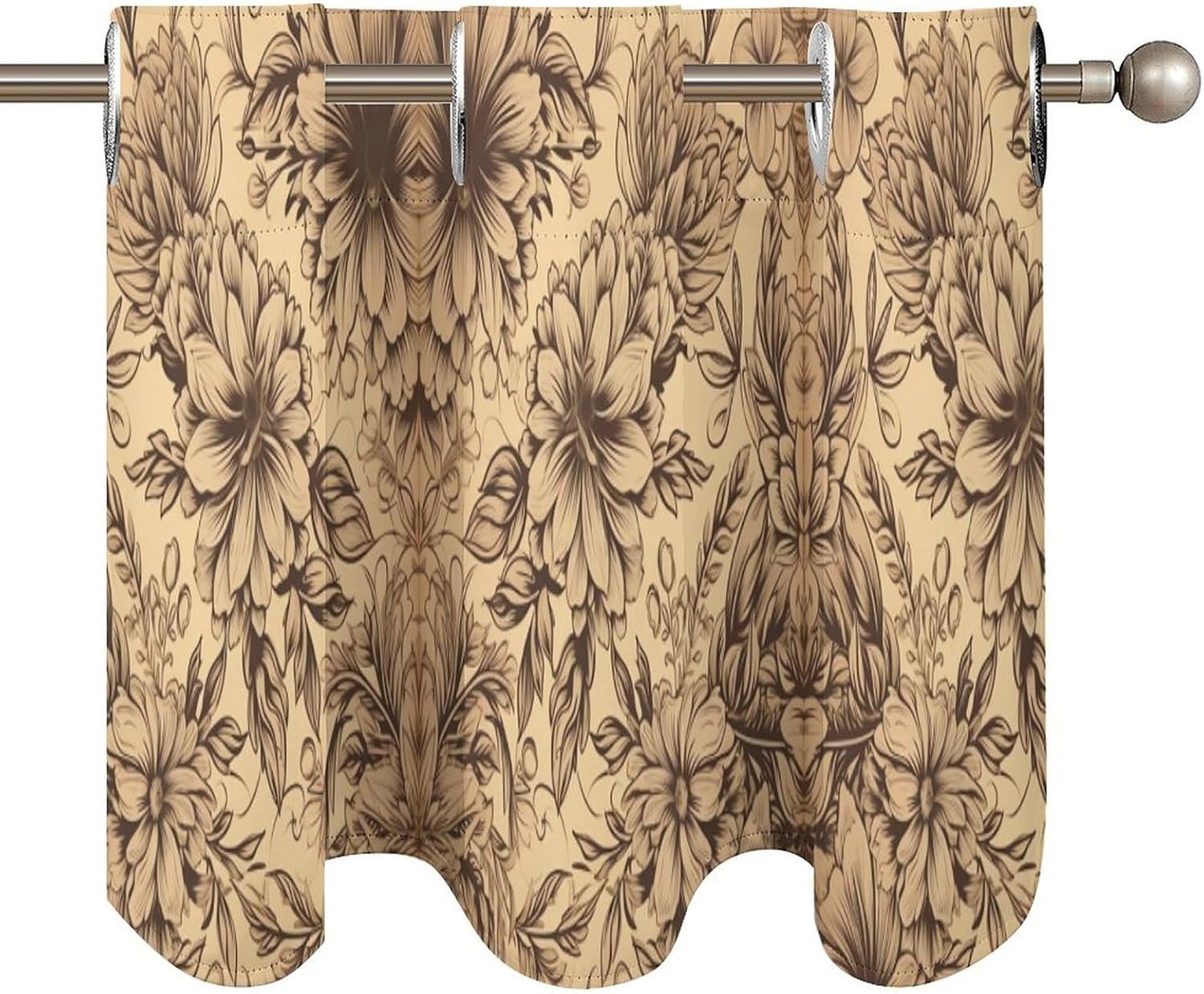 Beige Antique Flower Printed Short Window Curtains, Grommet Small Valance, Decorative Short Curtains Suitable for Window Sills in Bedrooms, Living Rooms, Kitchens, Etc