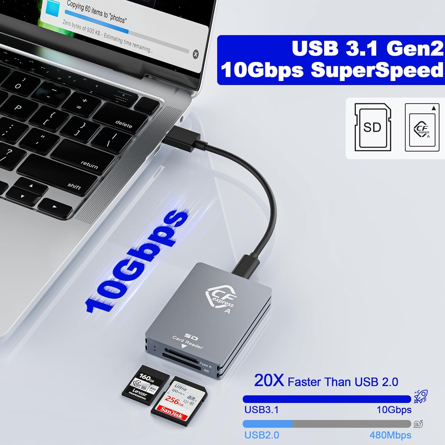 CFexpress Type A/SD Dual Slot Card Reader USB-C, 10Gbps USB 3.2 Gen 2, Compatible with CFexpress Type A/SD Card, Aluminum Adapter