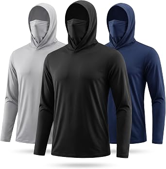 3 Pack Mens Fishing Hoodie with Face Cover - Quick Dry Long Sleeve Performance Tee for Outdoor Sports & Yard Work