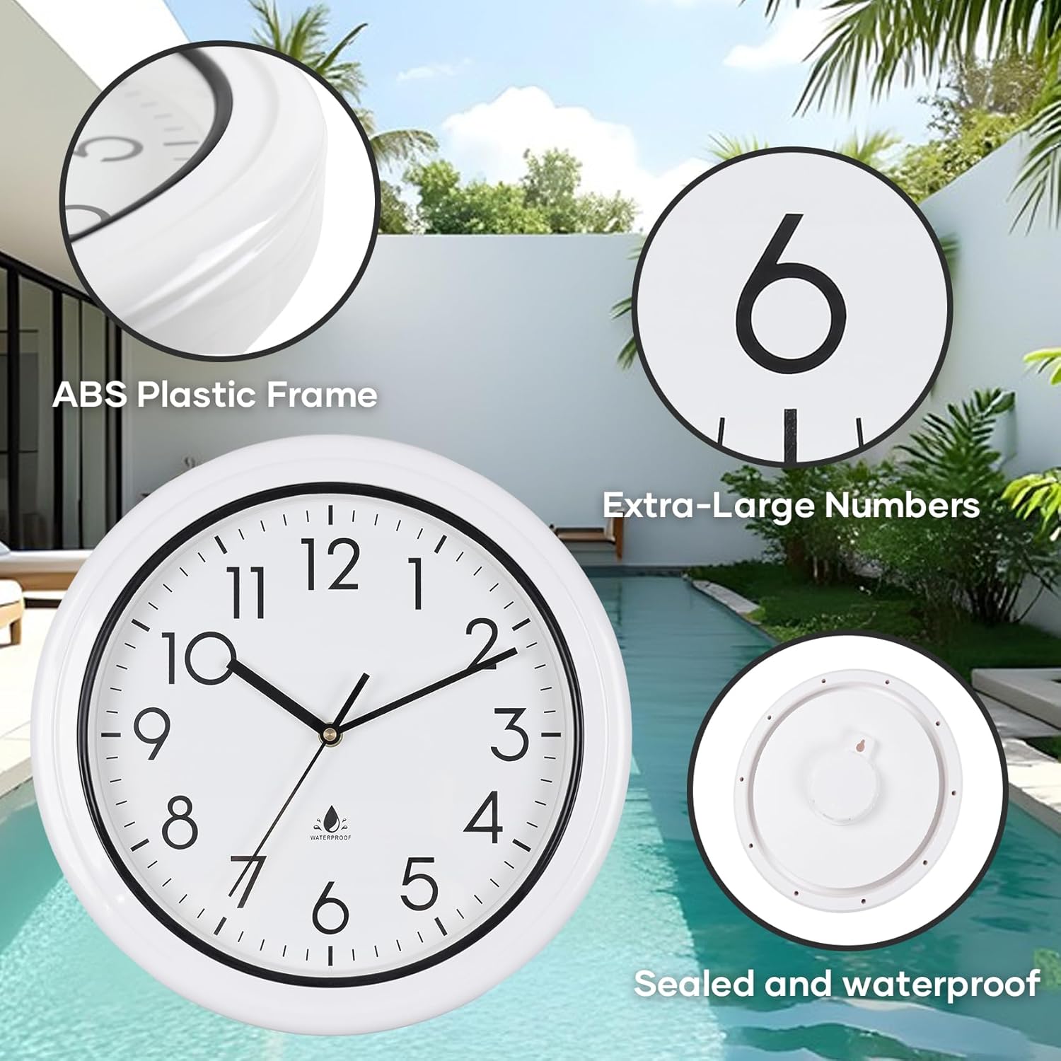 13 Inch Sealed Waterproof Outdoor Clock Non-Ticking Weatherproof Outdoor Wall Clocks Battery Operated Clock for Pool, Patio, Garden, Porch