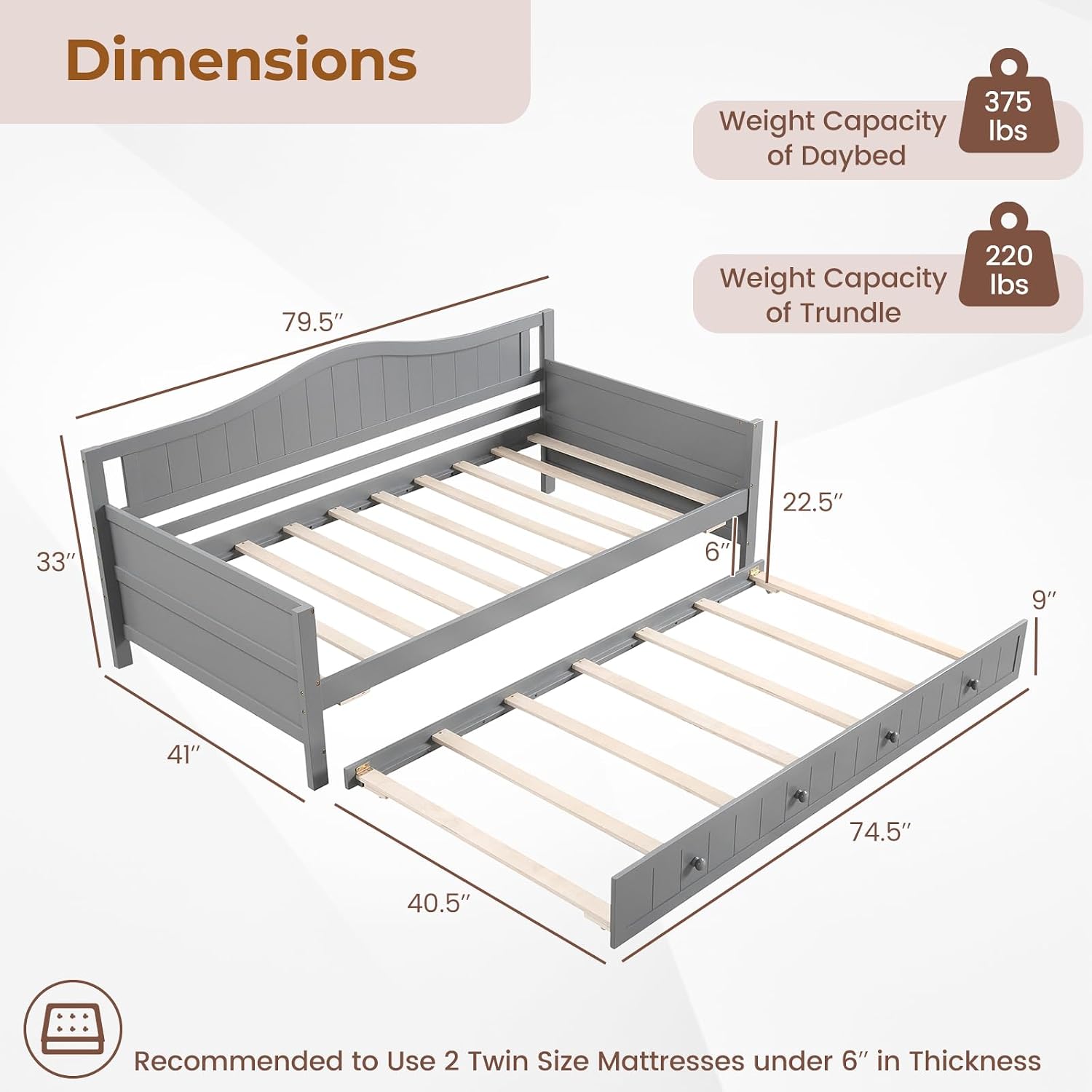 Giantex Twin Daybed with Trundle, Solid Wood Day Bed with Slats Support, Integrated Headboard & Armrests, Modern Trundle Bed Twin for Living Room, Bedroom, Guest Room, No Box Spring Needed, Grey