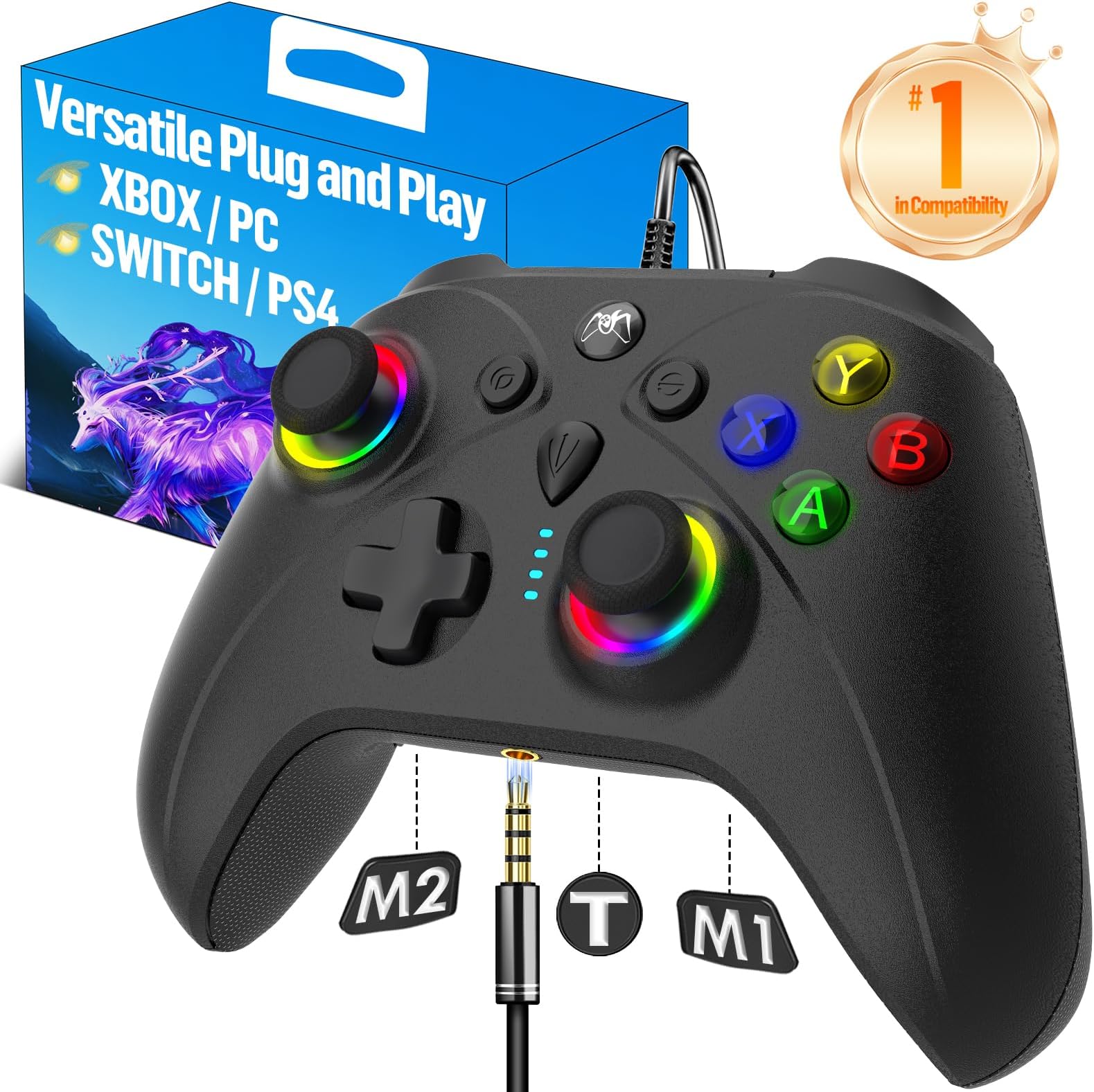 UGAME Wired Game Controller for PC, No Drift Stick, Custom 2 Back Paddles Turbo Remote, RGB Light Black Gamepad