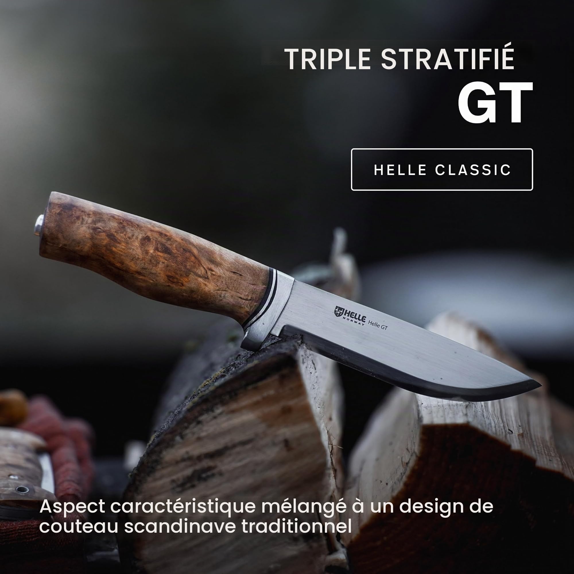 Couteau HELLE GT, lame 4,84 pouces, manche en bouleau madré