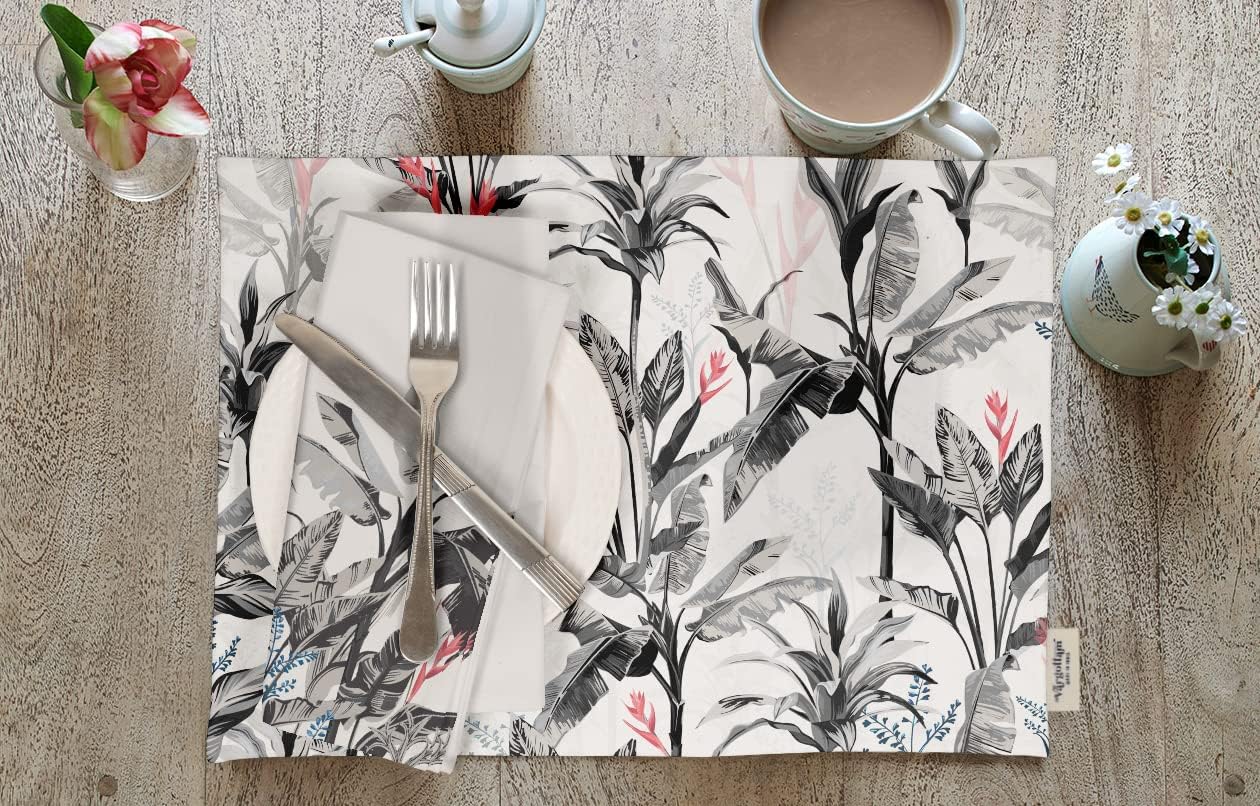 Placemats - Placemat for Dining Table, Set of 4- Printed & Reversible Cotton Napkin- Indoor Placemats for Home & Kitchen Dining Table- Tropical Trees (Gray)