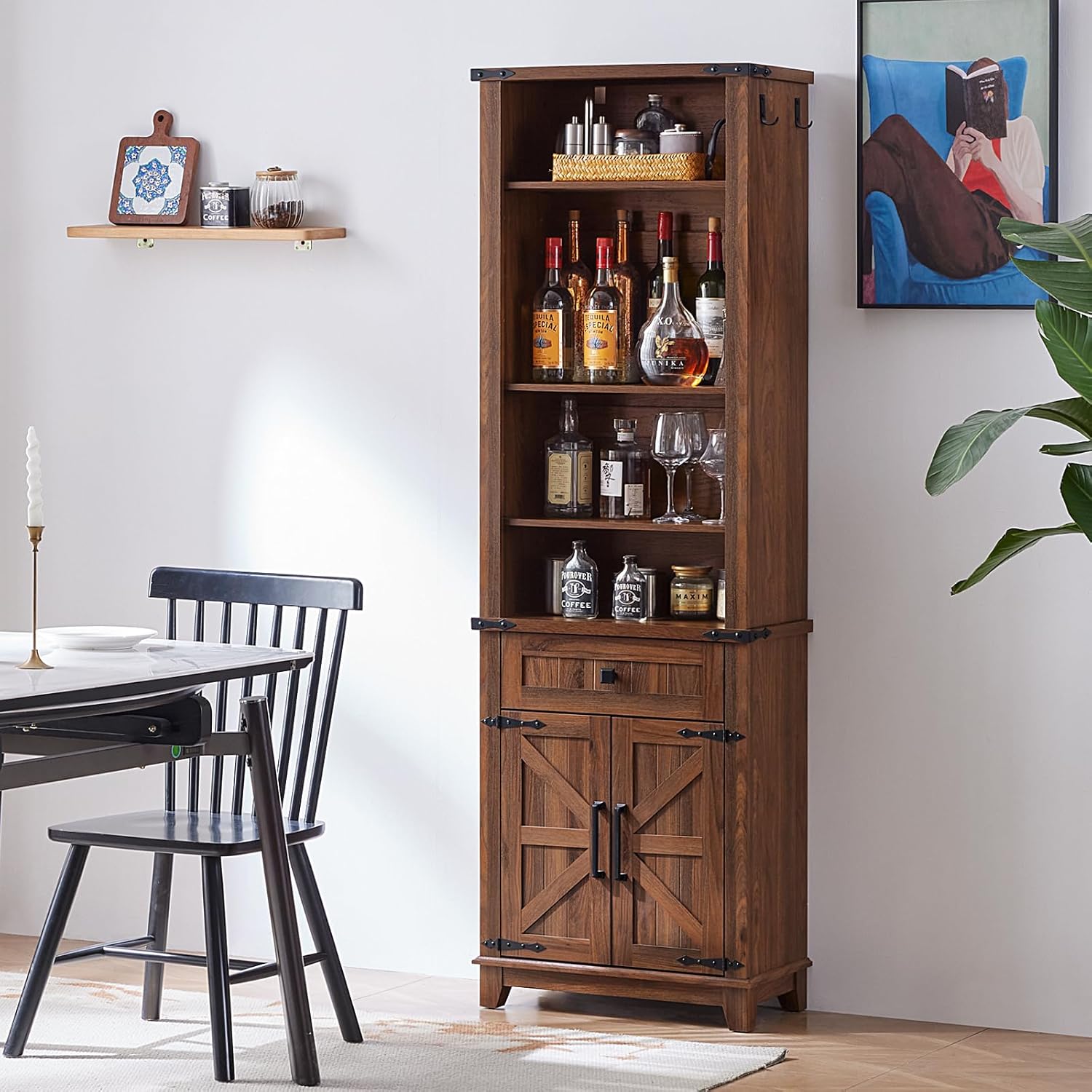 72in Tall Bookshelf 7 Tier Bookcase with Drawer and Barn Doors and Adjustable Shelves, Brown Farmhouse Book Shelf with Storage Cabinet, Wood Freestanding Display Bookshelves for Kitchen (2PCS)