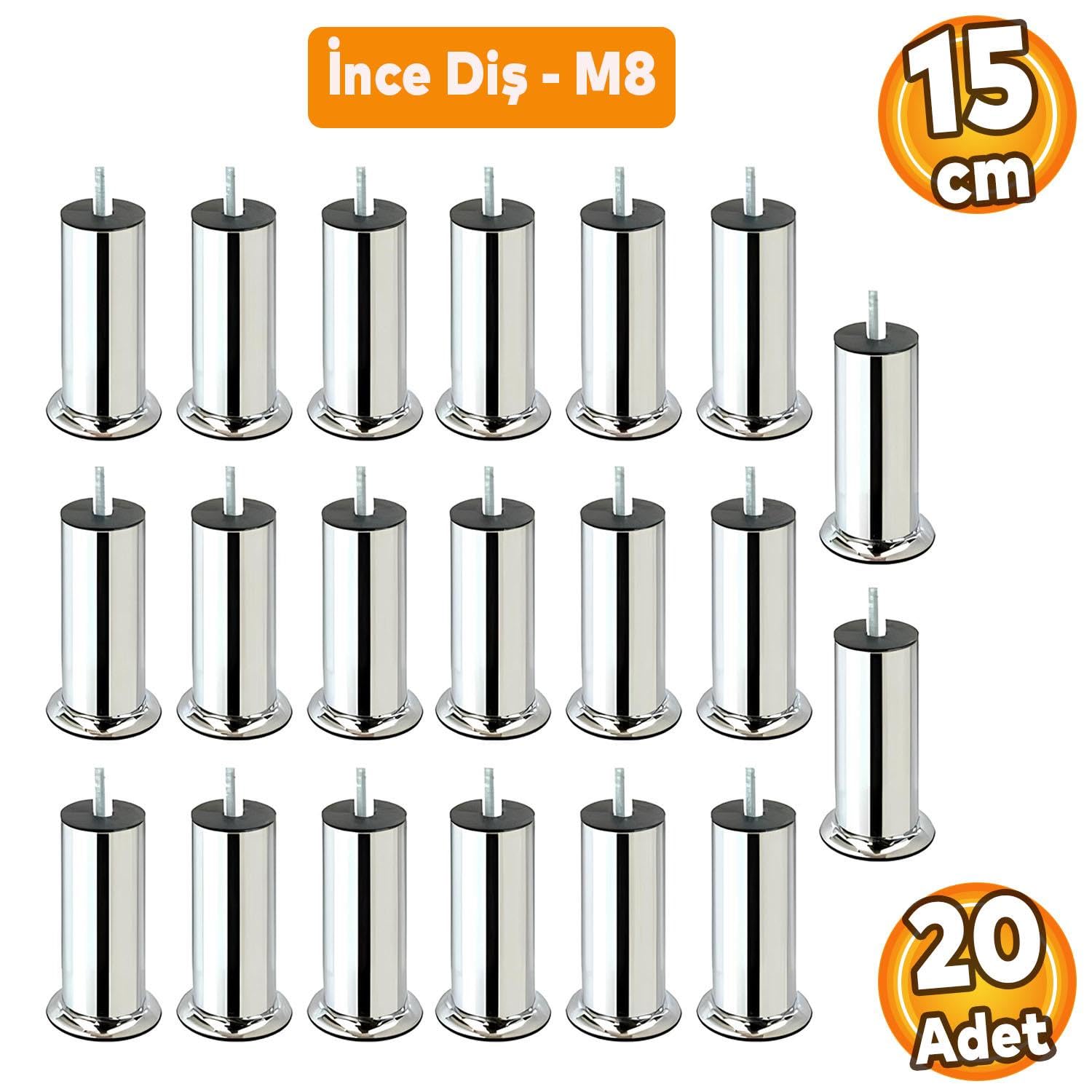 Badem10 Baza Koltuk Kanepe Mobilya Yatak Çekyat Ayağı Ince Diş M8 Metrik 8 Mm Krom Metal Ayakları 15 cm 20 Adet