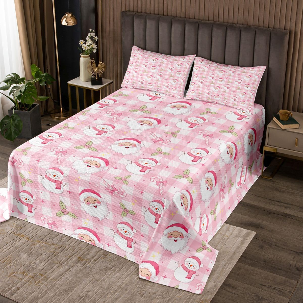 jejeloiu Pink Merry Christmas Bedspread Quilts Merry Christmas Tree Coverlet Set Twin Size for Kids Boys Girls Snowflake Quilted Coverlet for All Season with 1 Pillowcase Santa Claus Microfiber
