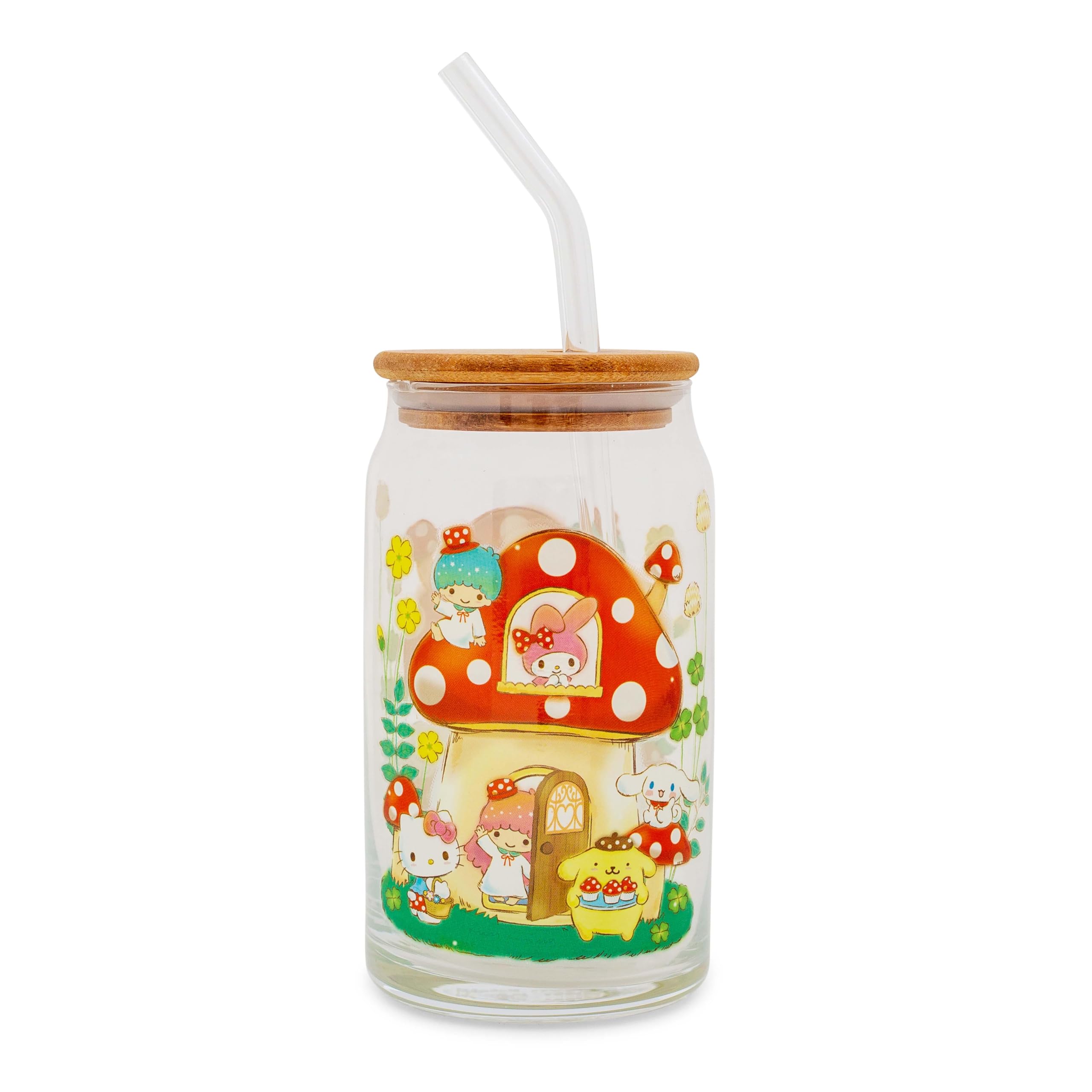 Sanrio Hello Kitty and Friends Mushroom Crew Glass Tumbler With Bamboo Lid and Reusable Glass Straw | Holds 16 Ounces