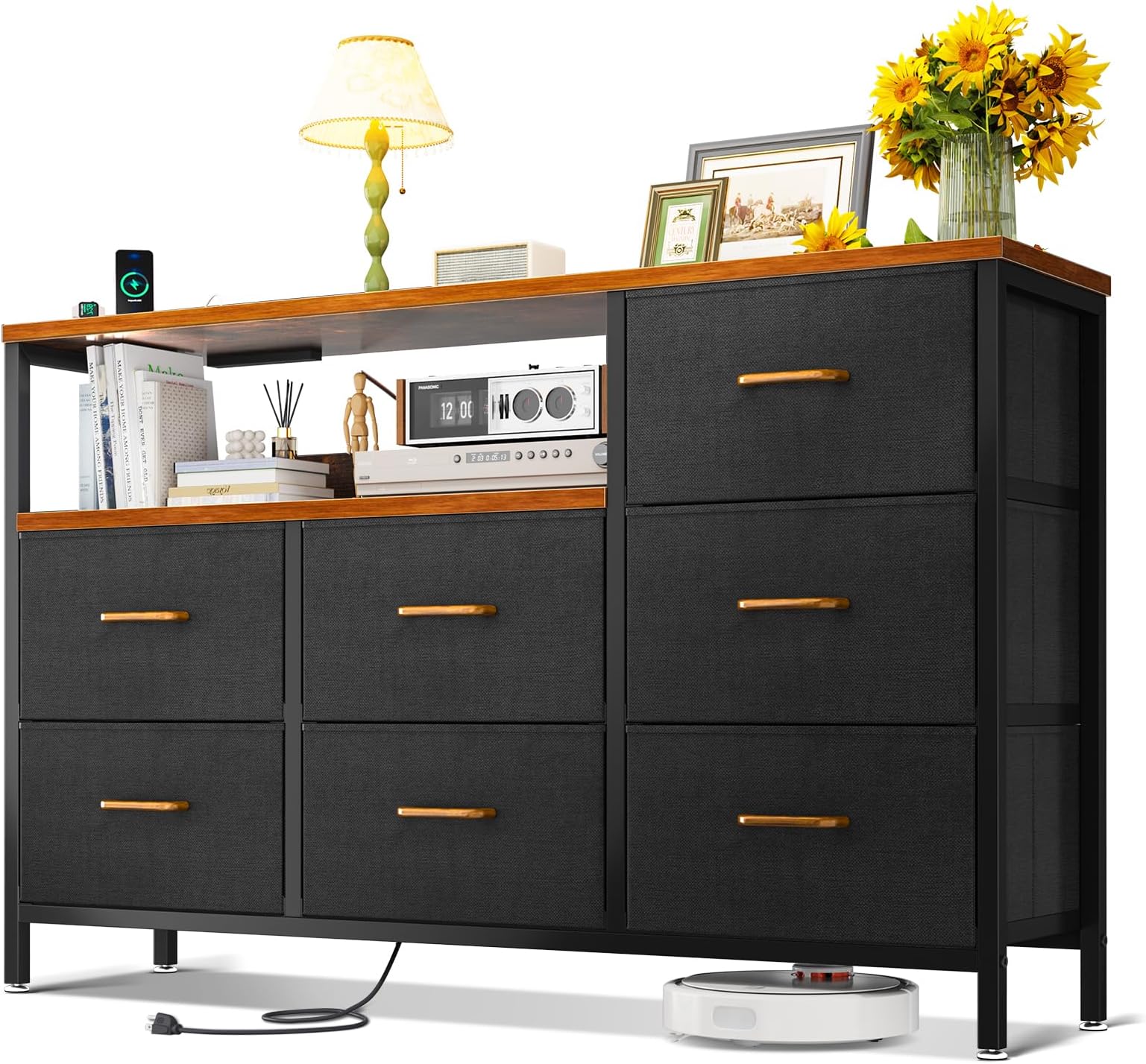 AODK Dresser with Charging Station, 52-Inch Long Dressers for Bedroom with 7 Large Fabric Drawers, Dresser TV Stand with Open Shelves for 55-Inch TV, VintageThe Forest Stewardship Council